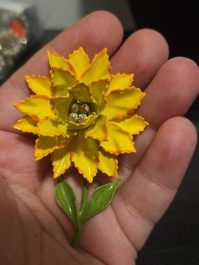 Yellow Enamel Flower Brooch with Green Stem and Rhinestones Center